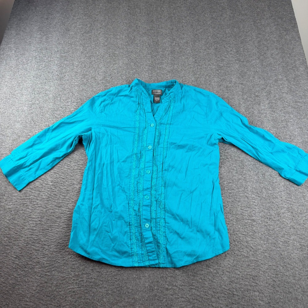 Chico's Button Up Blouse Women's 2 Blue 3/4 Sleeve Lace Trim Cotton Top